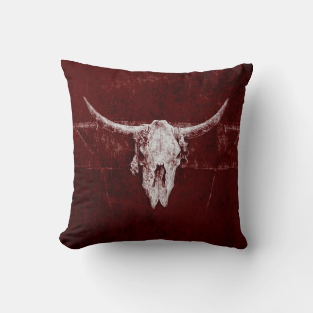 Bull Skull Western Burgund Rot Rustikal Kissen (Vorderseite)