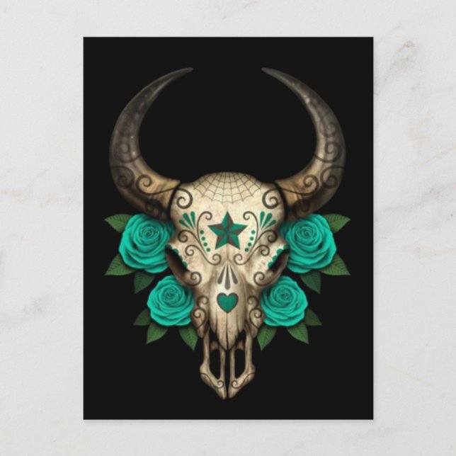 Bull Sugar Skull mit Aquamarinen Rose auf schwarz Postkarte (Vorderseite)