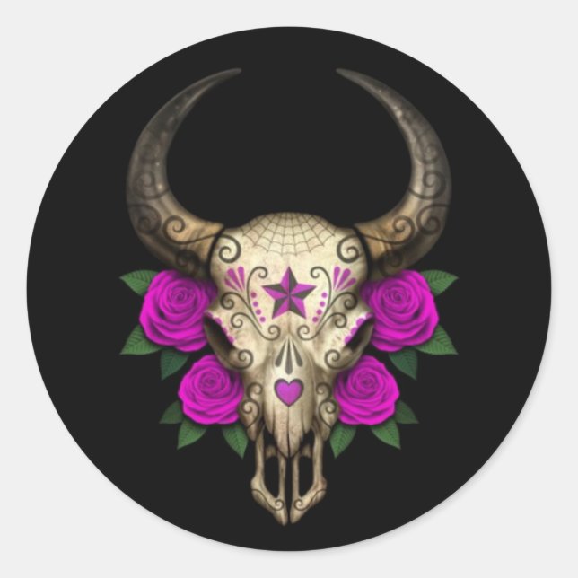 Bull Sugar Skull mit Lila Rose auf schwarz Runder Aufkleber (Vorderseite)