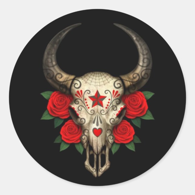 Bull Sugar Skull mit Rote Rosen auf schwarz Runder Aufkleber (Vorderseite)