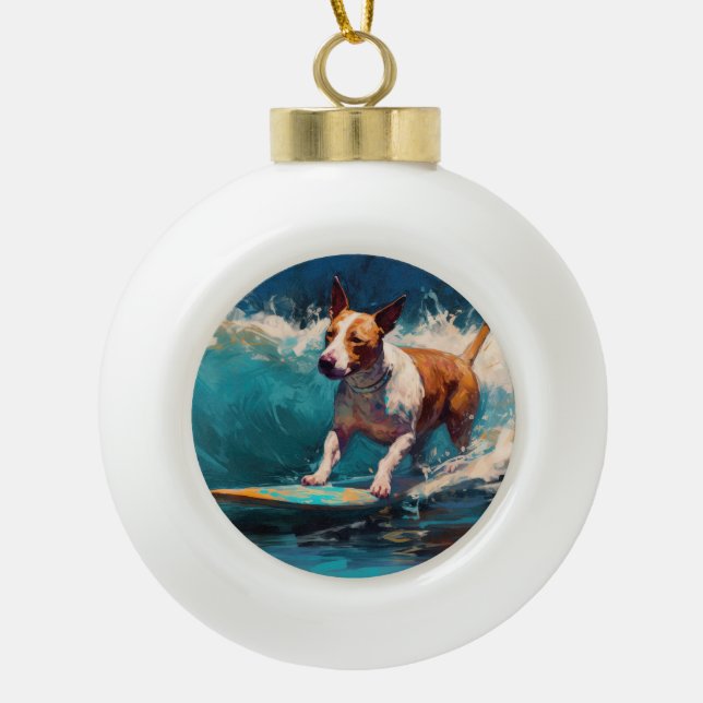 Bull Terrier Beach Surfanstrich Keramik Kugel-Ornament (Vorderseite)