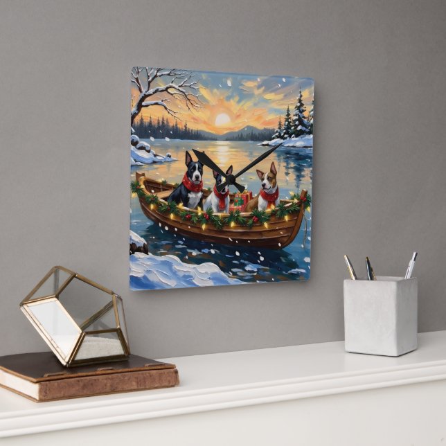 Bull Terrier Christmas Boat Holiday Quadratische Wanduhr (Büro)