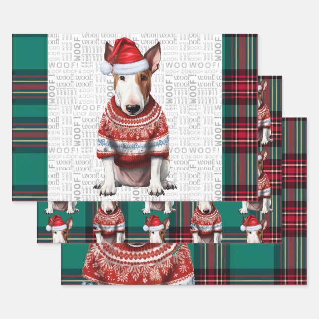 Bull Terrier Christmas Dog Red Green Kariert Geschenkpapier Set (Set)