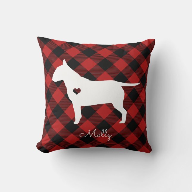 Bull Terrier Christmas Karierter Hund Name Kissen (Vorderseite)