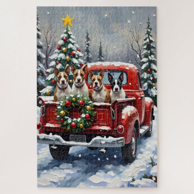 Bull Terrier Christmas Red Truck Holiday (Vertikal)