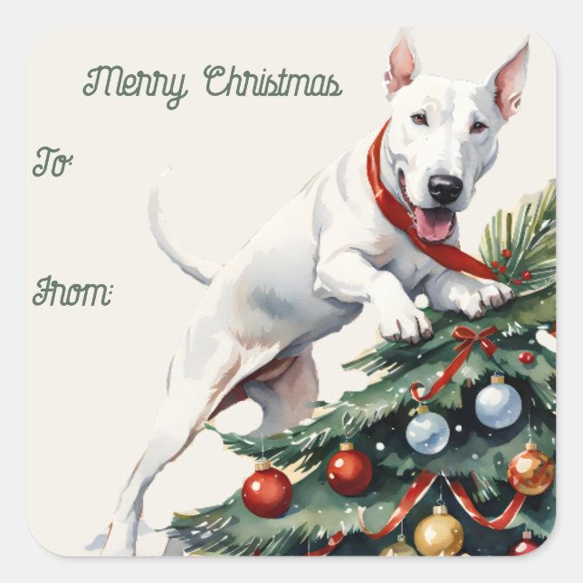 Bull Terrier & Christmas Tree-Geschenksticker Quadratischer Aufkleber (Vorderseite)