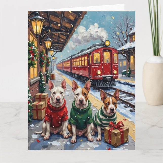 Bull Terrier Christmas Vintage Train Holiday Karte (Vorderseite)