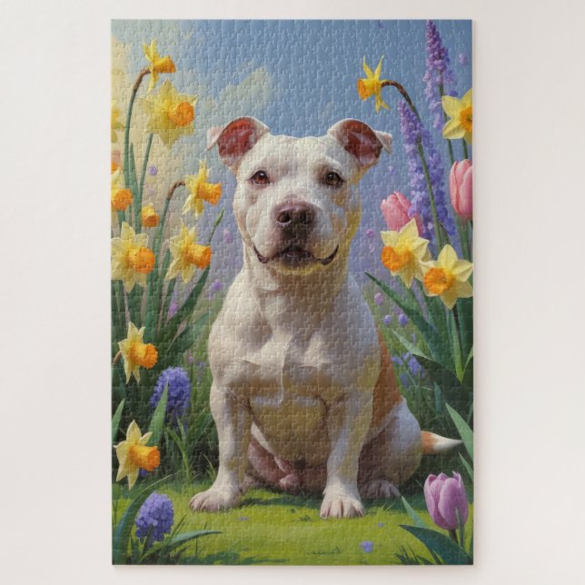 Bull Terrier Dog Frühlingsblumen Malerei (Vertikal)
