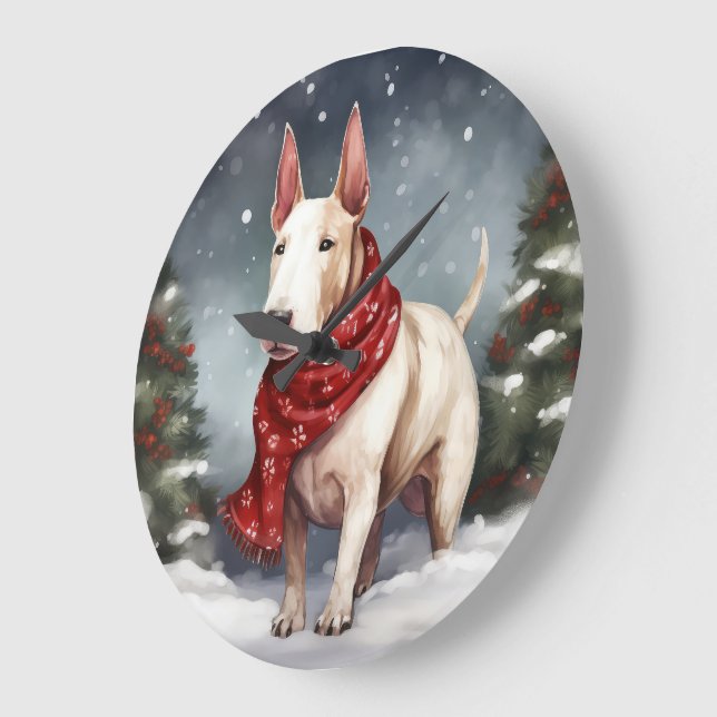 Bull Terrier Dog im Schnee Weihnachten Große Wanduhr (Winkel)