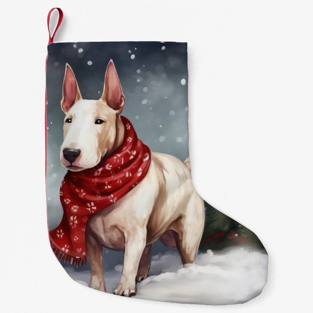 Bull Terrier Dog im Schnee Weihnachten Kleiner Weihnachtsstrumpf (Vorderseite)