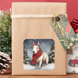 Bull Terrier Dog im Schnee Weihnachten Quadratischer Aufkleber