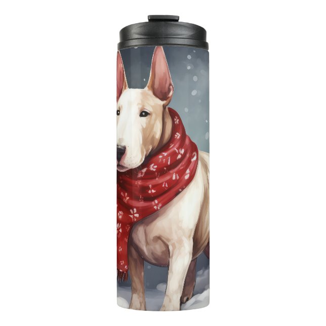 Bull Terrier Dog im Schnee Weihnachten Thermosbecher (Vorderseite)