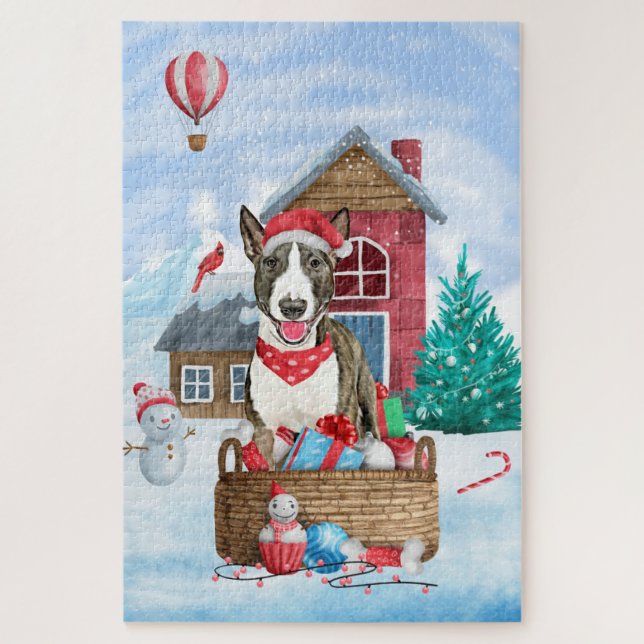 Bull Terrier Dog im Schnee Weihnachtshundehaus (Vertikal)