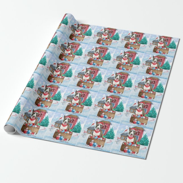 Bull Terrier Dog im Schnee Weihnachtshundehaus Geschenkpapier (Ungerollt)
