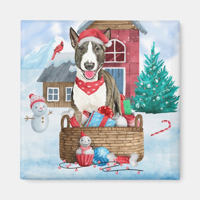 Bull Terrier Dog im Schnee Weihnachtshundehaus Magnet (Vorne)