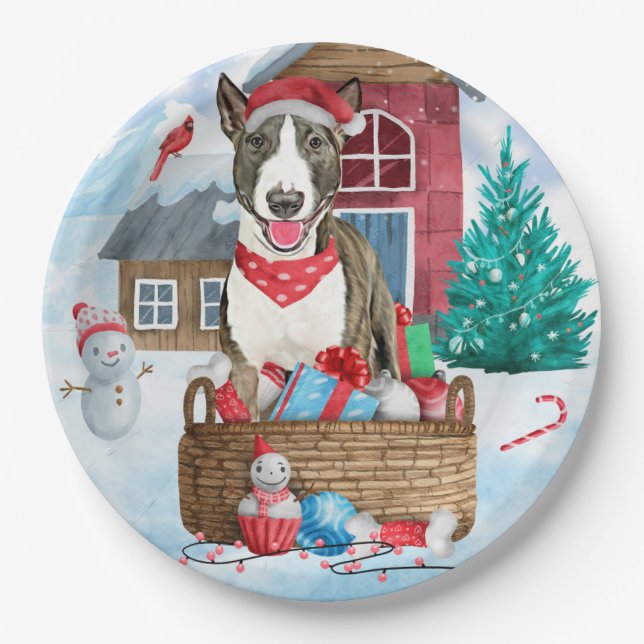 Bull Terrier Dog im Schnee Weihnachtshundehaus Pappteller (Vorderseite)