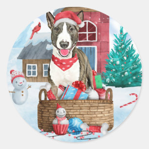 Bull Terrier Dog im Schnee Weihnachtshundehaus Runder Aufkleber