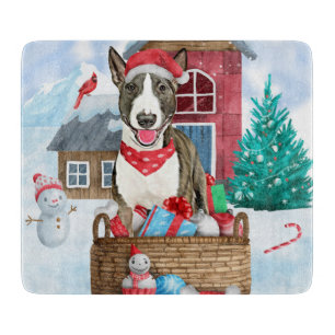 Bull Terrier Dog im Schnee Weihnachtshundehaus Schneidebrett