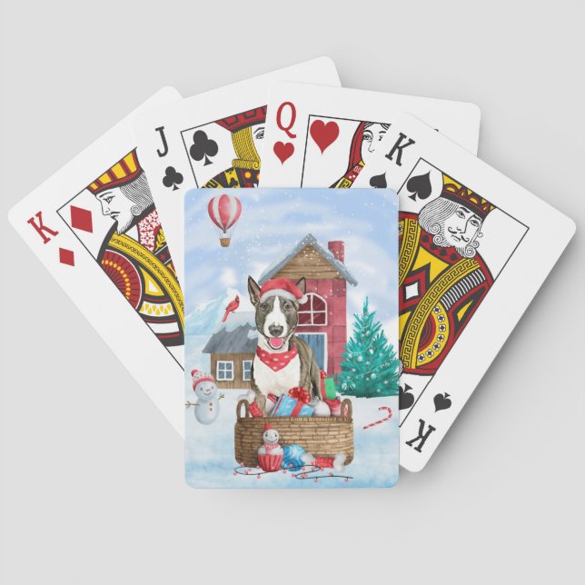 Bull Terrier Dog im Schnee Weihnachtshundehaus Spielkarten (Rückseite)