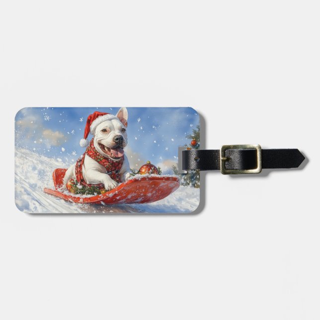 Bull Terrier Dog in Sledge Let it Schnee Weihnacht Gepäckanhänger (Vorderseite horizontal)