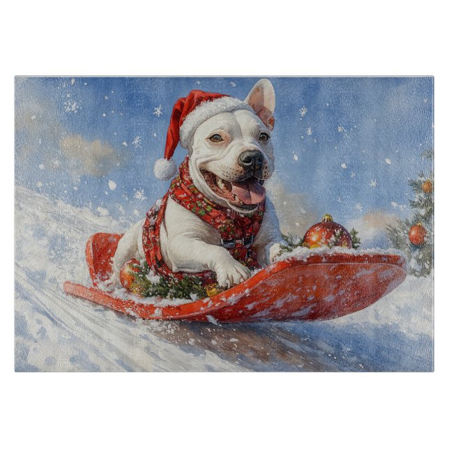 Bull Terrier Dog in Sledge Let it Schnee Weihnacht Schneidebrett (Vorderseite)