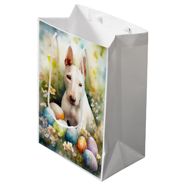 Bull Terrier Dog mit Ostereier Urlaub Mittlere Geschenktüte (Vorderseite Schrägansicht)