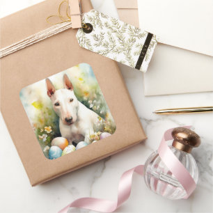 Bull Terrier Dog mit Ostereier Urlaub Quadratischer Aufkleber