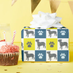 Bull Terrier Dog & Paw Yellow & Blue Grid Geschenkpapier