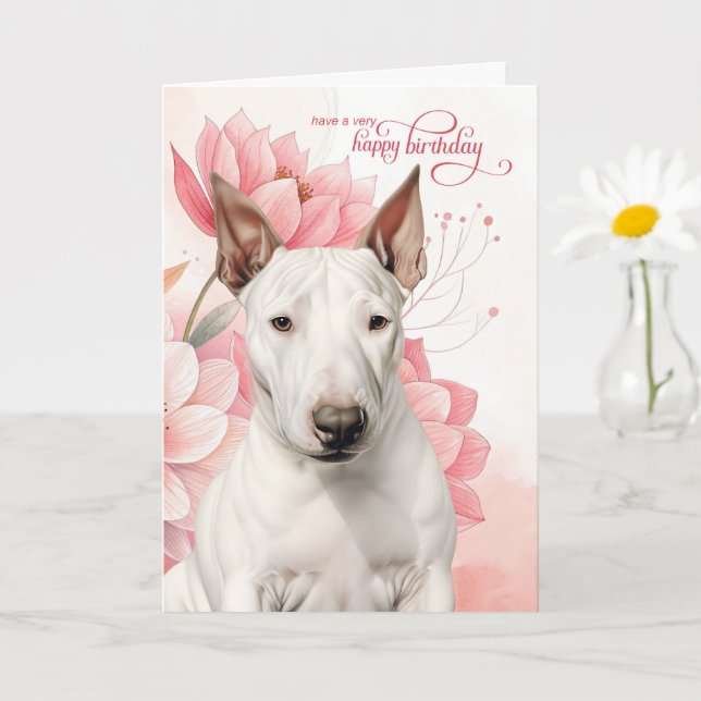 Bull Terrier Dog Pink Botanical Flowers Birthday Karte (Kleine Pflanze)