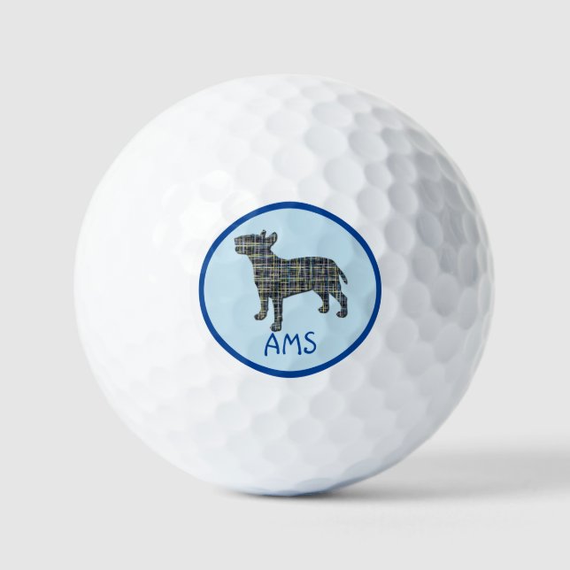 Bull Terrier Dog Silhouette Monogram Grid Blue Golfball (Vorderseite)