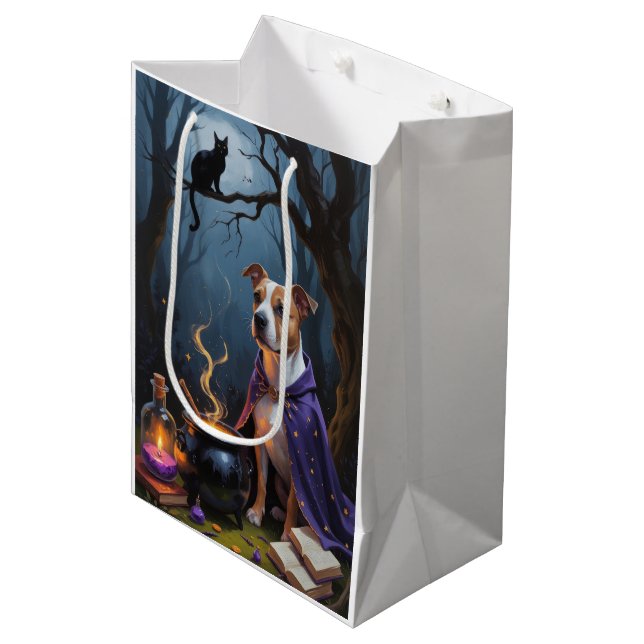 Bull Terrier Dog Whimsical Halloween Malerei Mittlere Geschenktüte (Vorderseite Schrägansicht)
