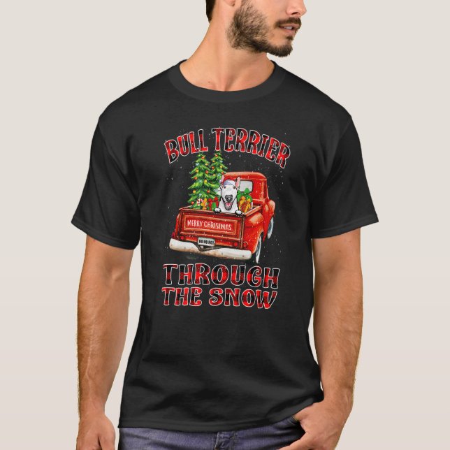Bull Terrier durch den schneeweihnachtlichen Truck T-Shirt (Vorderseite)