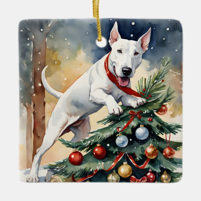 Bull Terrier feierliche Weihnachten Keramikornament (Vorderseite)