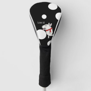 Bull Terrier genießt einen Golfball Golf Headcover