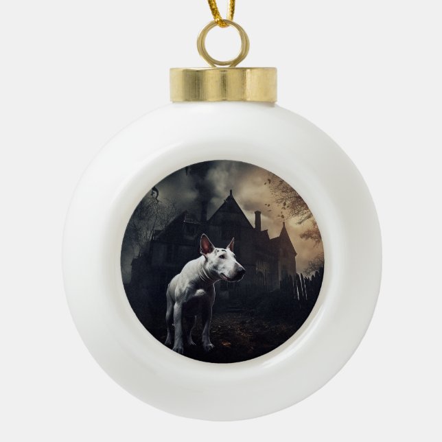 Bull Terrier Halloween Beängstigend Keramik Kugel-Ornament (Vorderseite)
