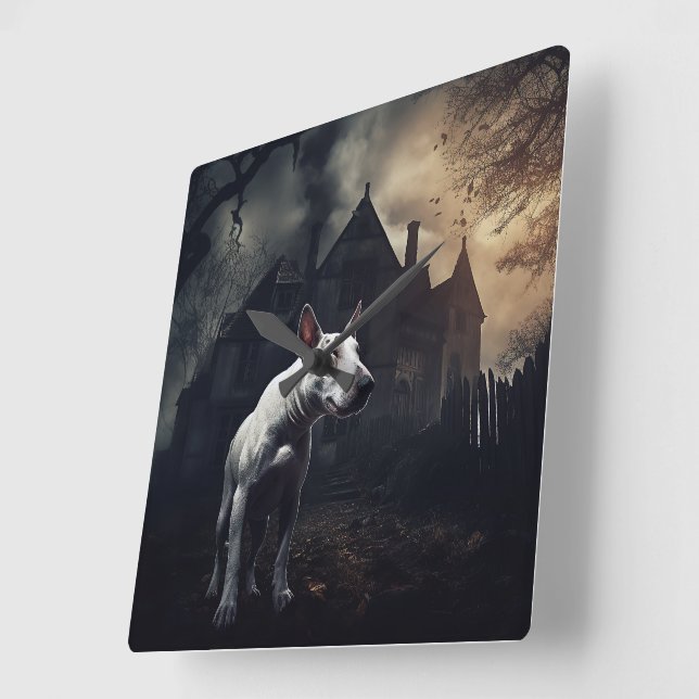 Bull Terrier Halloween Beängstigend Quadratische Wanduhr (Winkel)