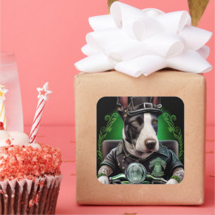 Bull Terrier Hund fährt Fahrrad St. Patrick's Day Quadratischer Aufkleber