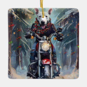 Bull Terrier Hund fährt Motorrad Weihnachten Keramikornament
