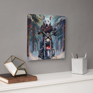 Bull Terrier Hund fährt Motorrad Weihnachten Quadratische Wanduhr