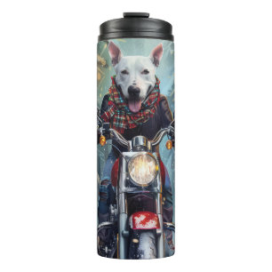 Bull Terrier Hund fährt Motorrad Weihnachten Thermosbecher