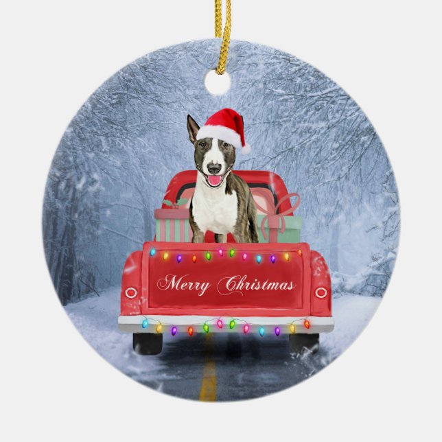 Bull Terrier Hund im Schnee sitzen in Weihnachten Keramik Ornament (Vorne)