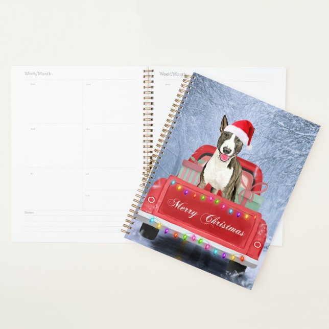 Bull Terrier Hund im Schnee sitzen in Weihnachten Planer (Anzeige)