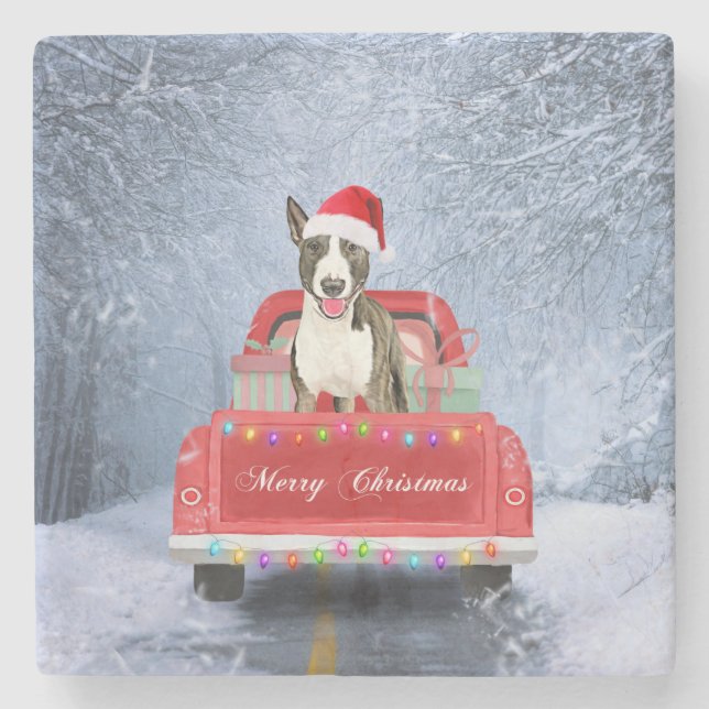 Bull Terrier Hund im Schnee sitzen in Weihnachten Steinuntersetzer (Vorderseite)