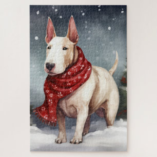 Bull Terrier Hund im Schnee Weihnachten
