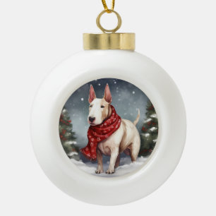 Bull Terrier Hund im Schnee Weihnachten  Keramik Kugel-Ornament