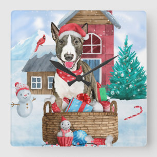 Bull Terrier Hund im Schnee Weihnachtshundehaus Quadratische Wanduhr