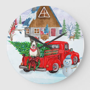 Bull Terrier Hund im Weihnachtslieferwagen Schnee Große Wanduhr