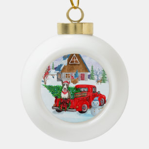 Bull Terrier Hund im Weihnachtslieferwagen Schnee Keramik Kugel-Ornament