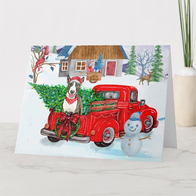 Bull Terrier Hund in Christmas Delivery LKW Schnee Karte (Vorderseite)