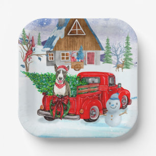 Bull Terrier Hund in Christmas Delivery LKW Schnee Pappteller